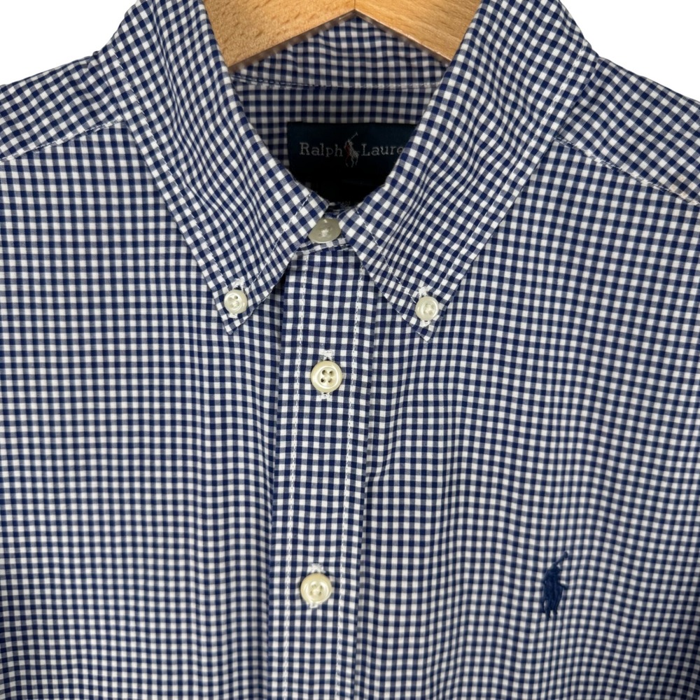 Ralph‎ Lauren Gingham Long Sleeve Shirt Boys Medium Navy Blue Button Logo Down